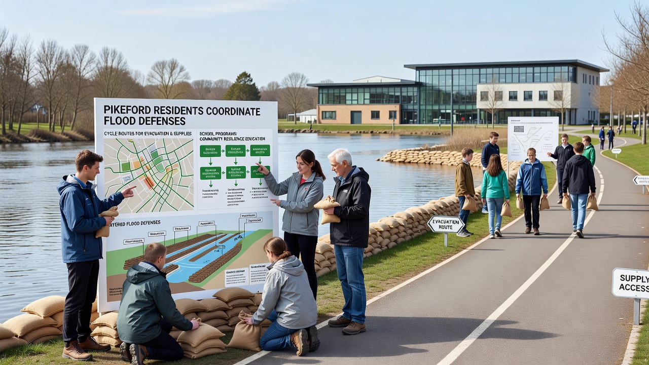 Students and volunteers planting vegetation along a combined flood barrier and cycle route in Pikeford