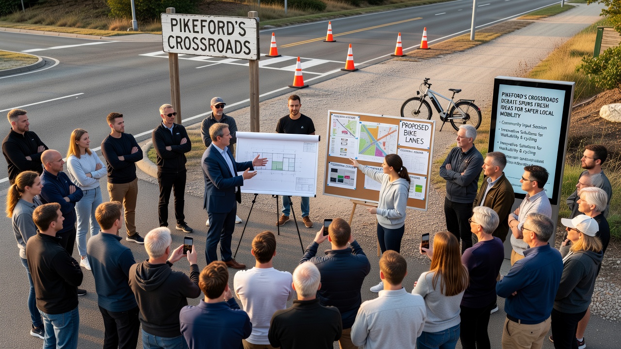 Detailed view of proposed roundabout design and pedestrian crossing upgrades at the Pikeford crossroads