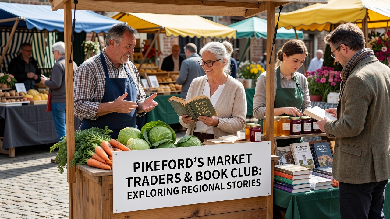 Book club members reviewing historical accounts alongside market sales data in Pikeford